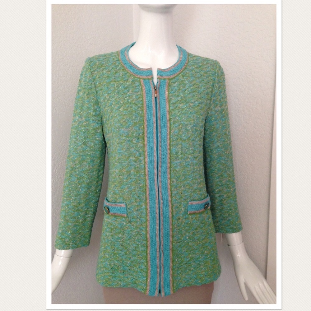 St. John style green blue zip Santana knit jacket